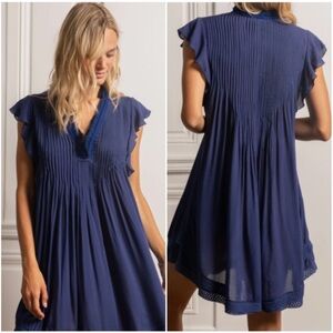 Poupette St Barth Navy Blue Pintuck Fringe Sasha Dress M Flutter Sleeve V-neck